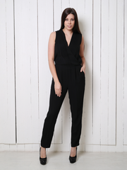 Black Sleeveless Surplice Jumpsuit For Woman