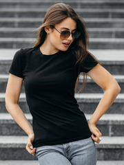 Women's Round Neck Black Half sleeve R&B Solid T-shirt