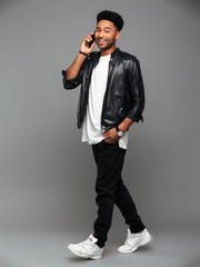 Black Leather With Band Neck Biker Jacket