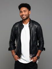 Black Leather With Band Neck Biker Jacket