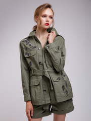Women Olive Green Self Design Sporty Jacket